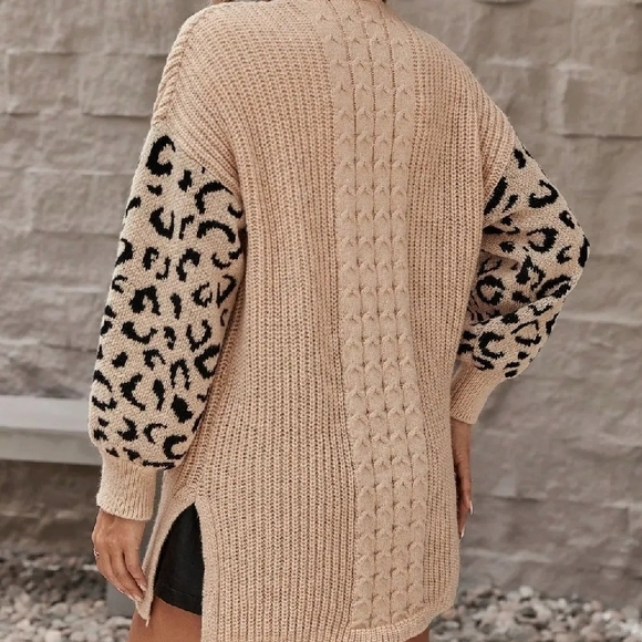 New! Leopard Sleeve Beige Cardigan - Picture 4 of 6